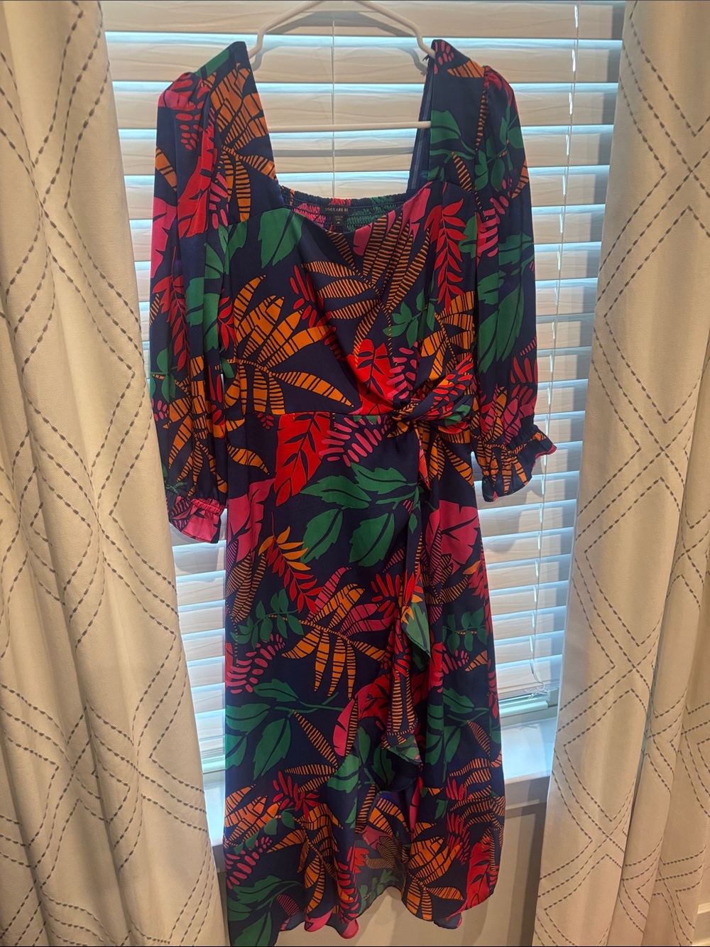 Skies Are Blue Navy Midi Dress with Pink, Green & Orange Leaf Print